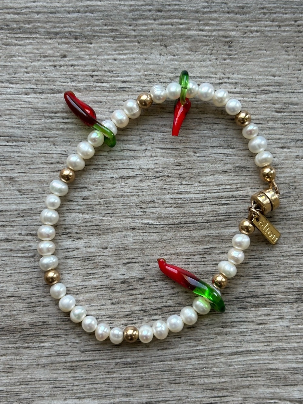 Eliou original Pearl Bead Bracelet with  Chili Charms magnetic clasp and logo